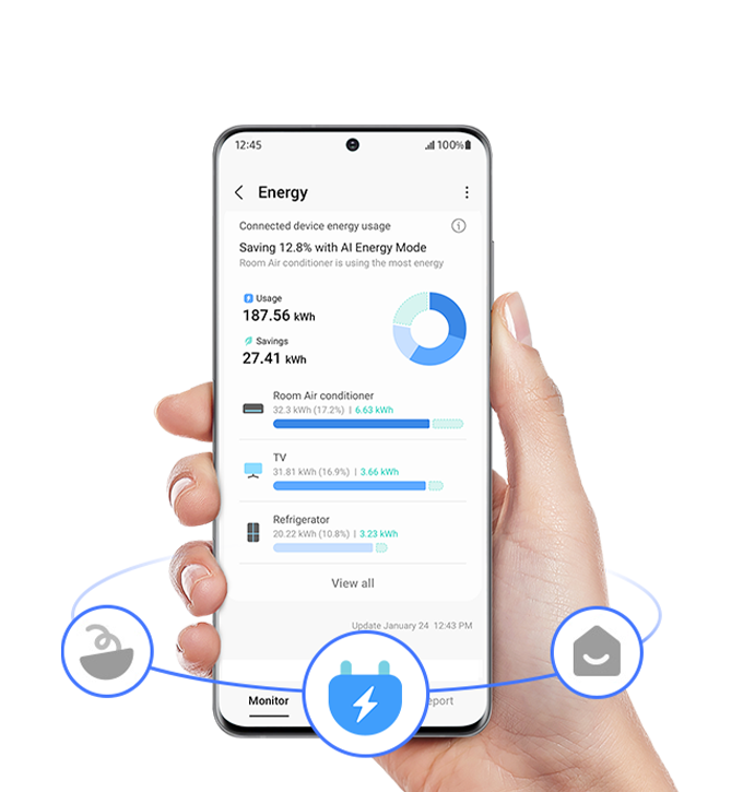 Eine Hand die ein Smartphone hält auf dem die SmartgThings Energy App zu sehen ist