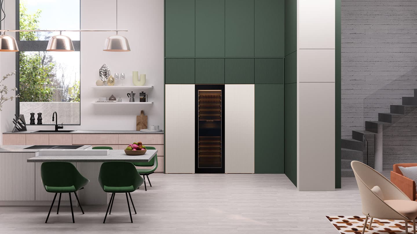 Eine Grüne Design Küche mit einem integrierten SAMSUNG RW33B99C5TF/EF Weinkühlschrank