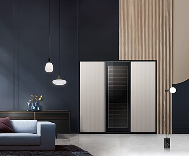 Eine Blaue Design Küche mit einem integrierten SAMSUNG RW33B99C5TF/EF Weinkühlschrank