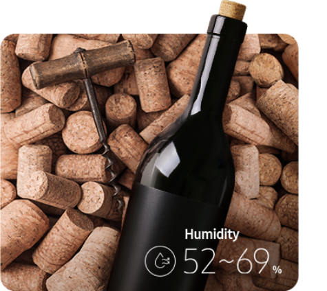 Bild mit einer Weinflasche auf Korken und einer Feuchtigkeitsanzeige.
